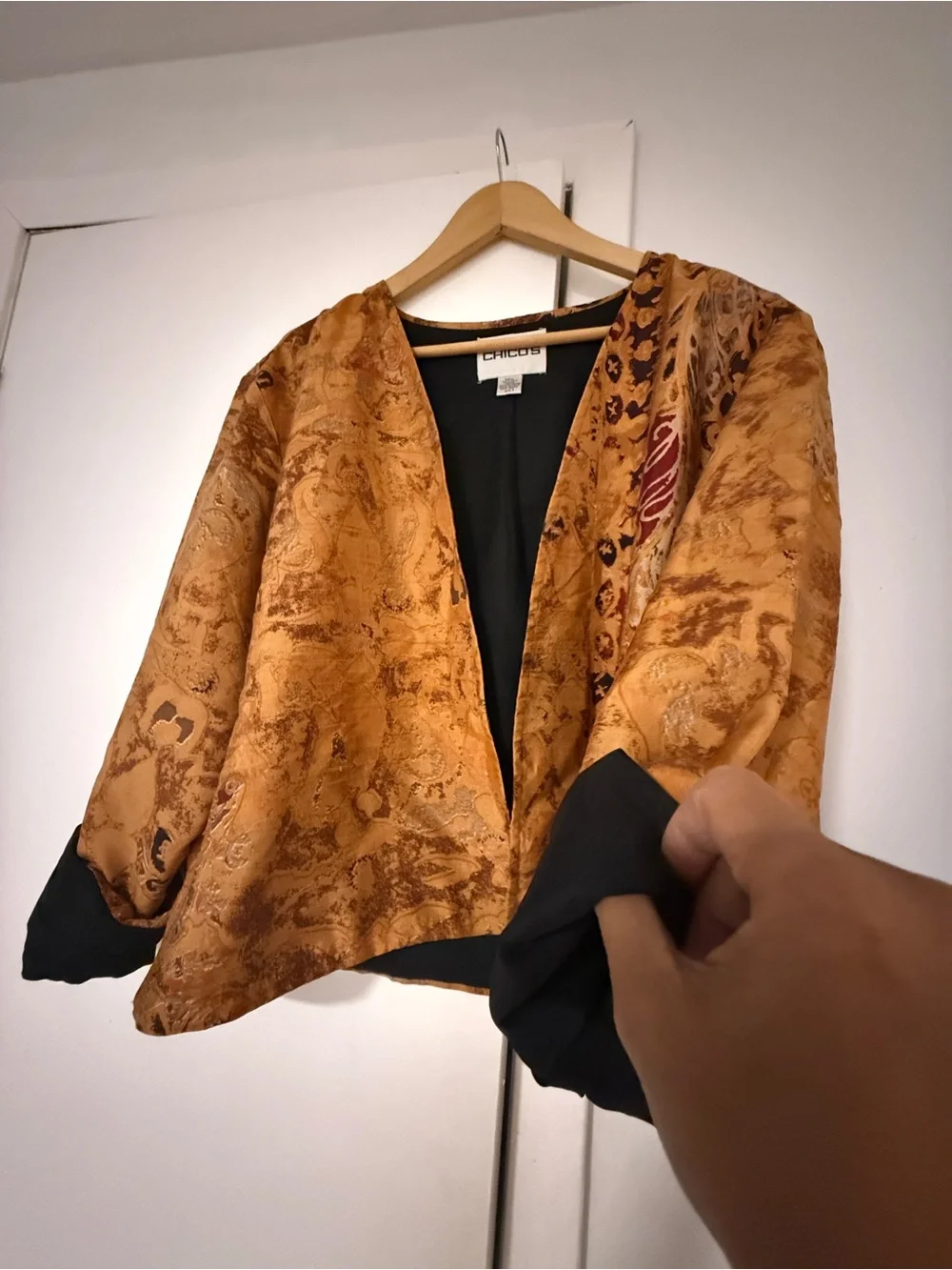Chico's Golden Brown Printed Open-Front Jacket with Black Cuffs